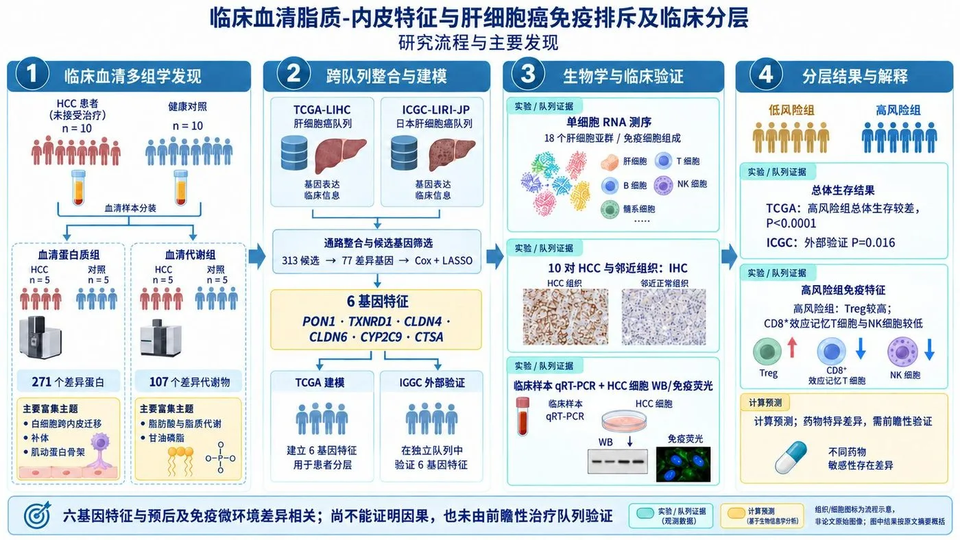 临床血清脂质-内皮特征与肝细胞癌免疫排斥与临床分层研究流程图