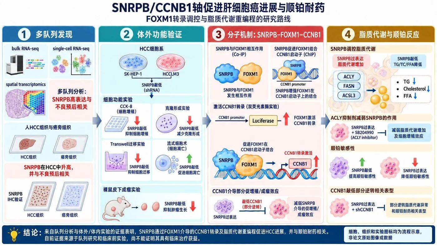 SNRPB/CCNB1 轴促进肝细胞癌进展与顺铂耐药研究流程图